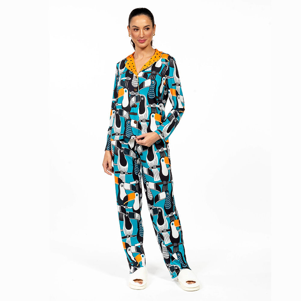 Pijama Feminino Manga Longa Americano Estampado Tucano Vetor Pontos