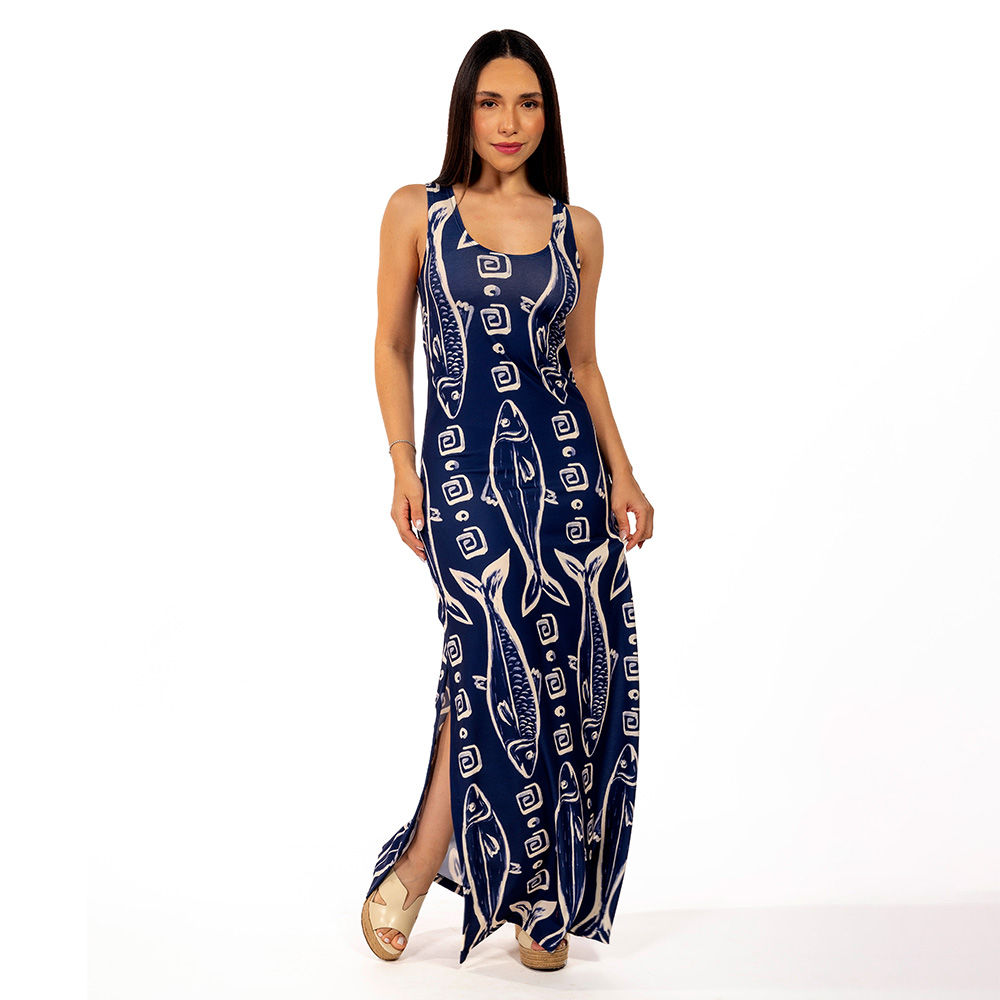 Vestido Feminino Hortência Estampado Maxi Peixes Fundo Off