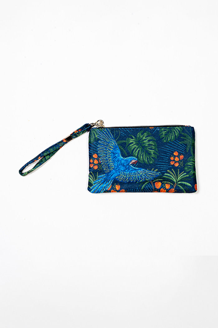 Carteira Eco Estampada Arara Bordado Barra Fundo Azul