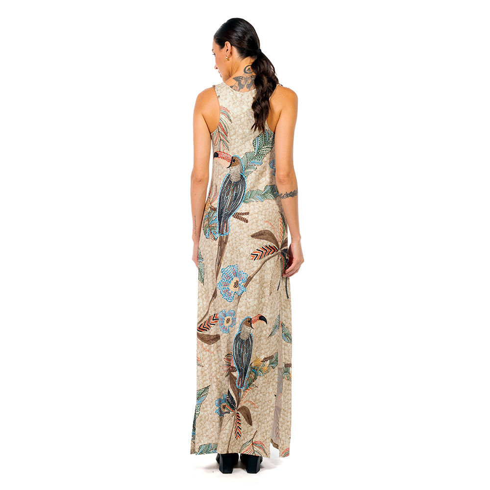 Vestido Feminino Hortência Estampado Tucaninhos Bordados