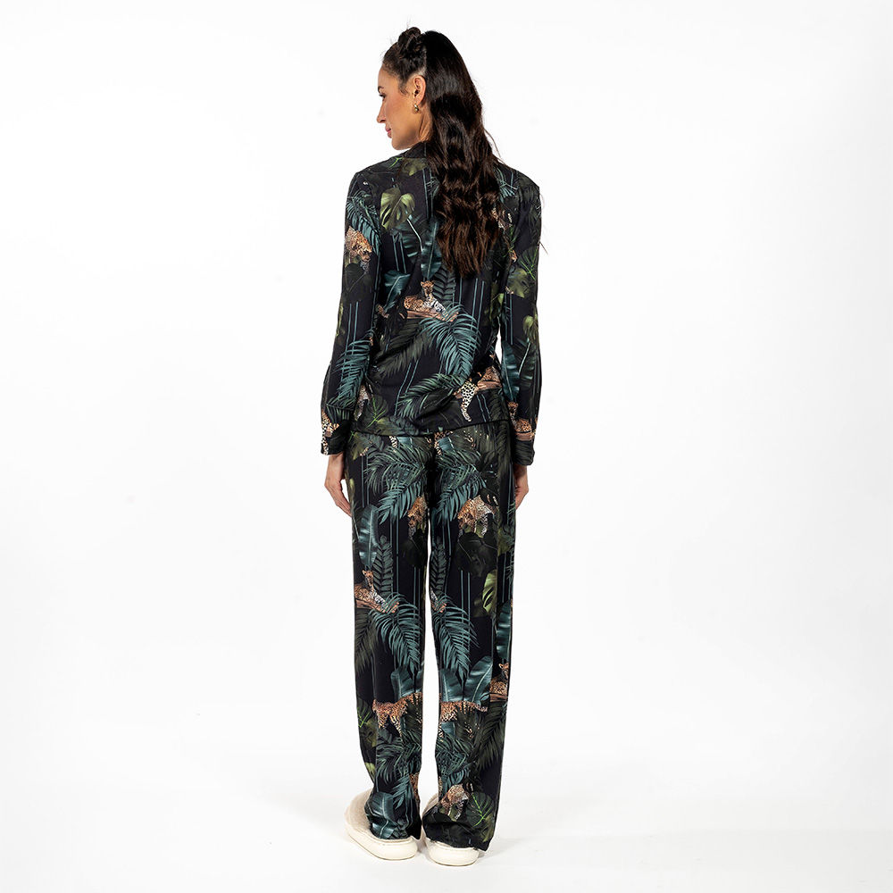 Pijama Feminino Manga Longa Americano Estampado Rapport Onça Folhagens