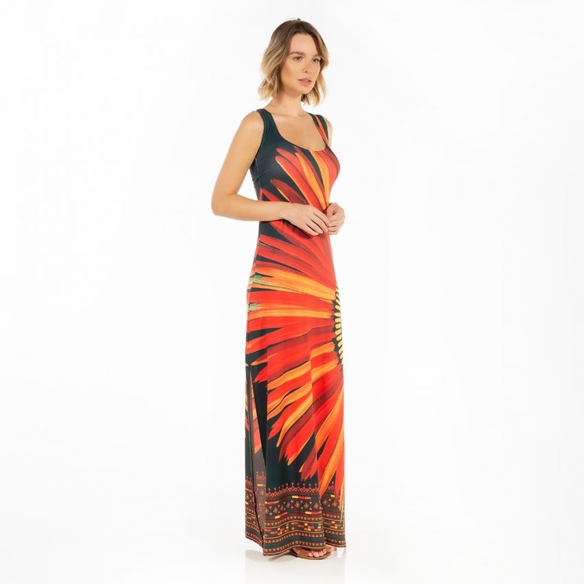 Vestido Feminino Hortência Estampado Cocares Barrado Fundo Verde