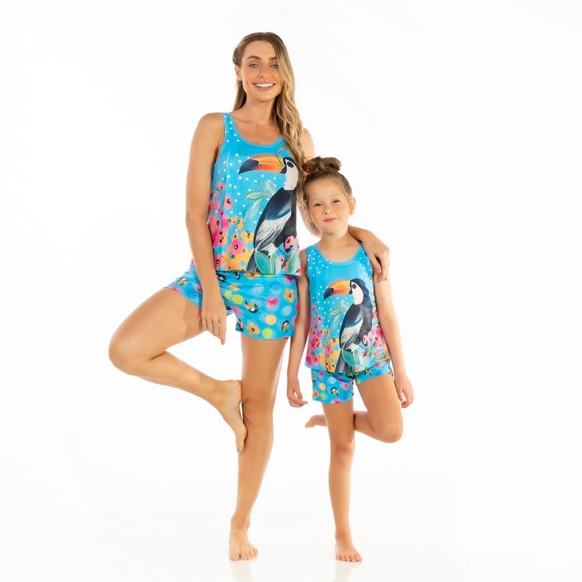 Pijama Feminino Adulto Estampado Tucano Flor Bola Fundo Azul