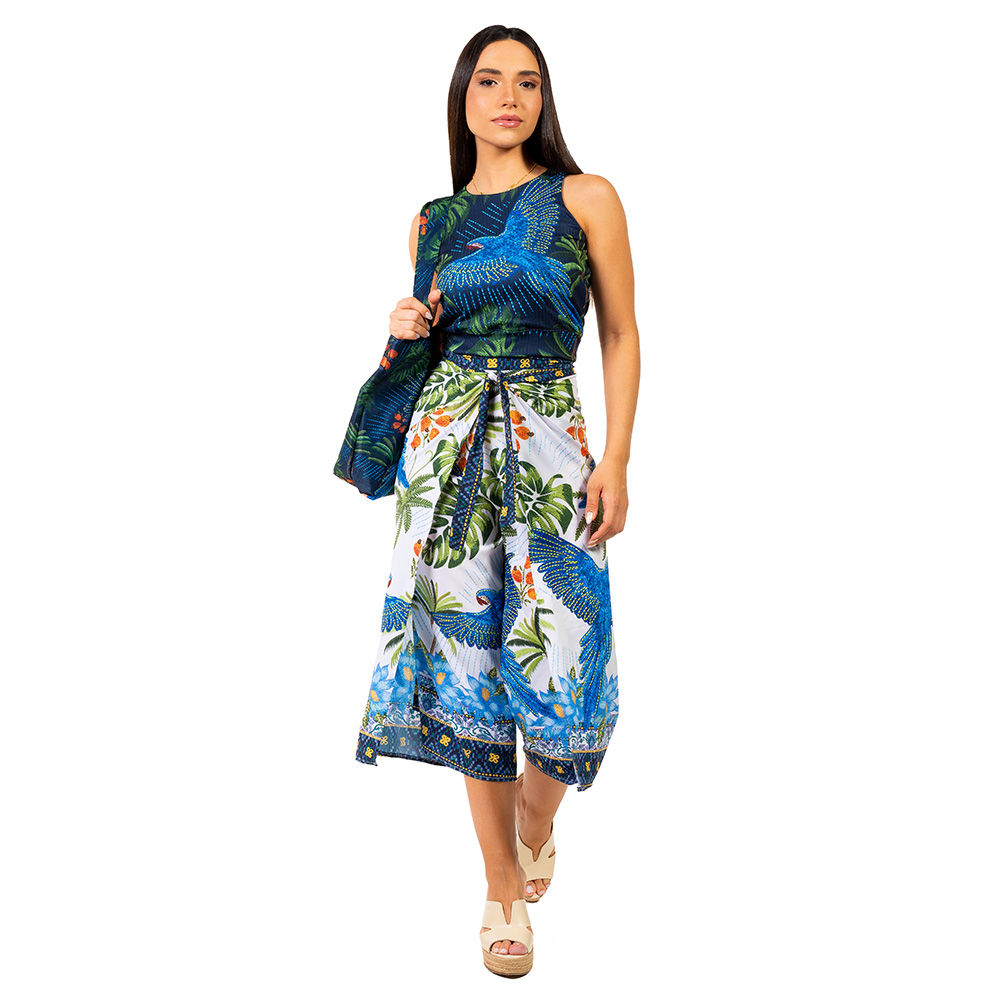 Calça Feminina Transpassada Estampada Arara Bordado Barra Fundo Azul