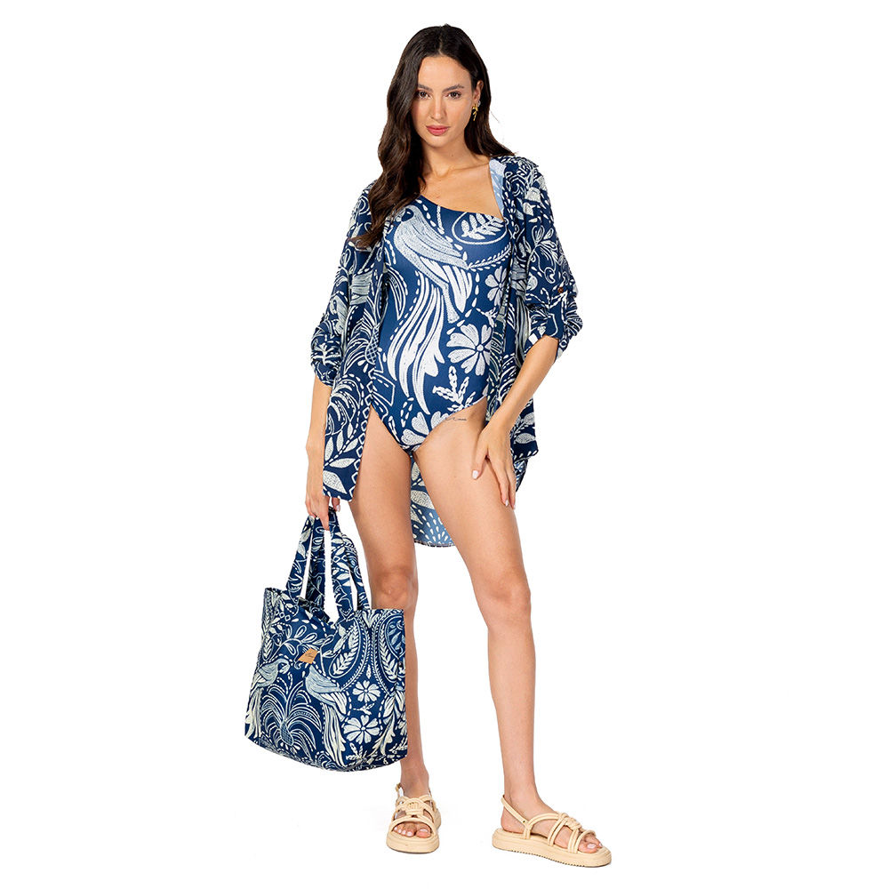 Camisa Atena Verão Alongada Estampada Araras Bordado Fundo Off
