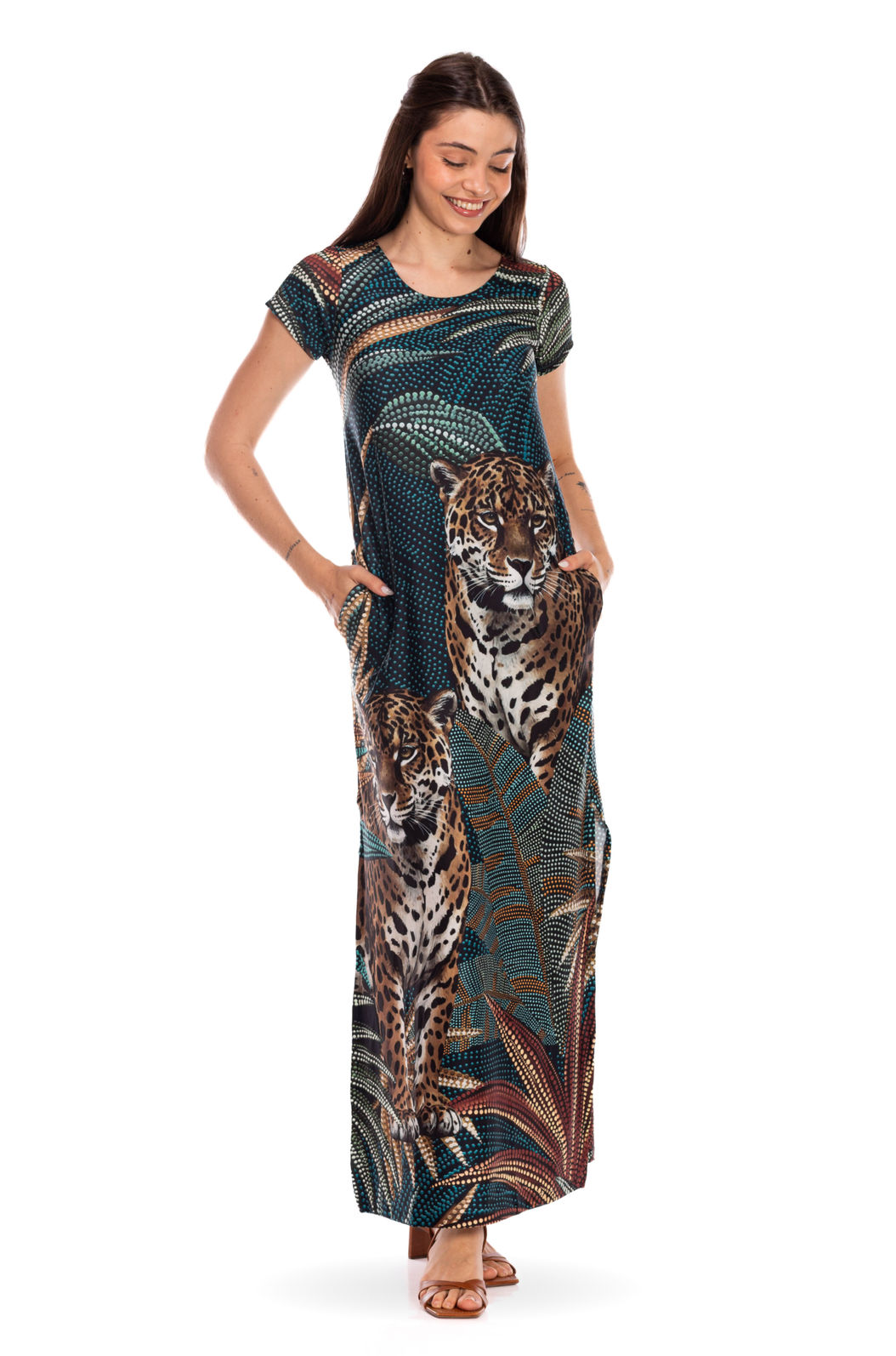 Vestido Feminino Fluid Longo Estampado Onças Pontos de Luz Vestido Feminino Fluid Longo Estampado Onças Pontos de Luz