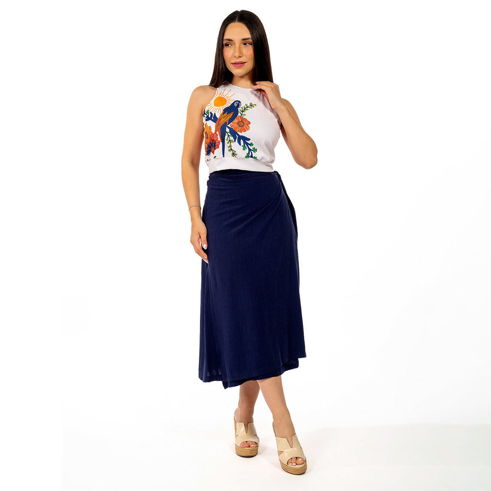 Top Feminino Canelado Estampado Arara Tropical Bordado