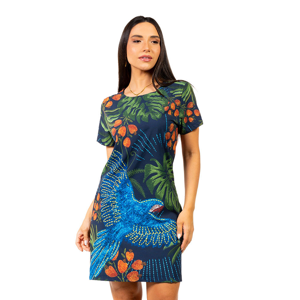 Vestido Feminino Atena Curto Estampado Arara Bordado Barra Fundo Azul