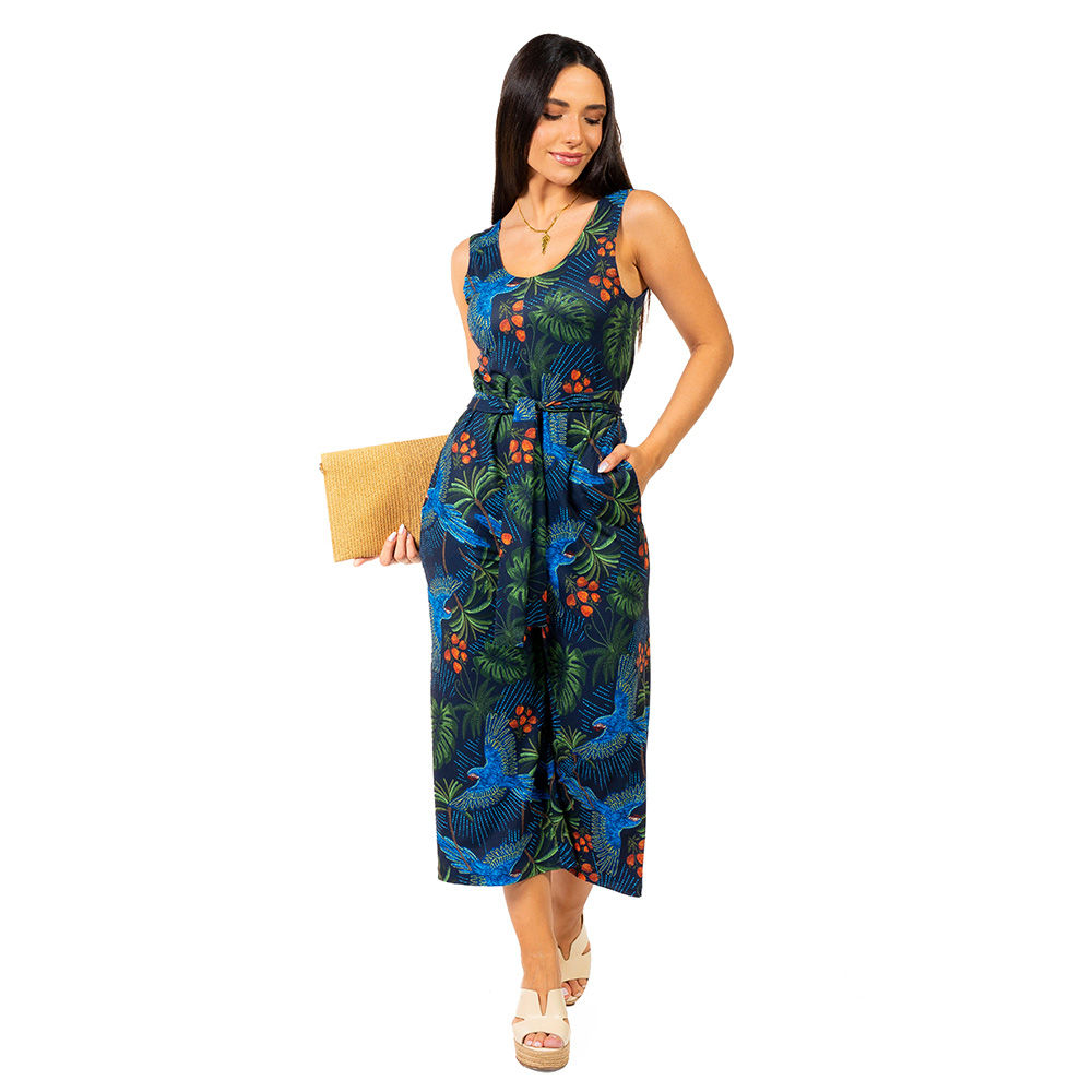 Macacão Feminino Bambu Estampado Arara Bordado Barra Fundo Azul