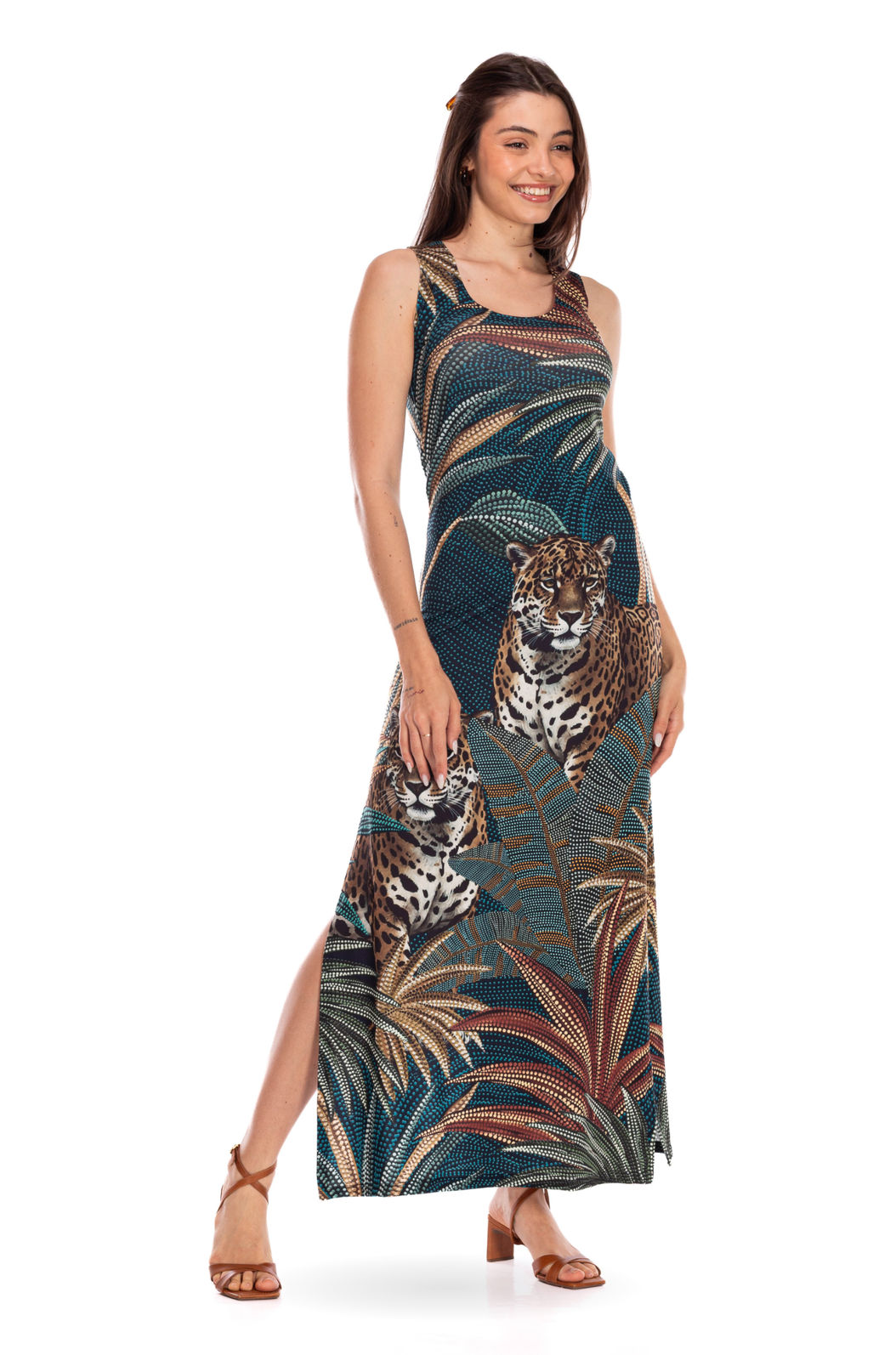 Vestido Feminino Hortência Estampado Onças Pontos de Luz