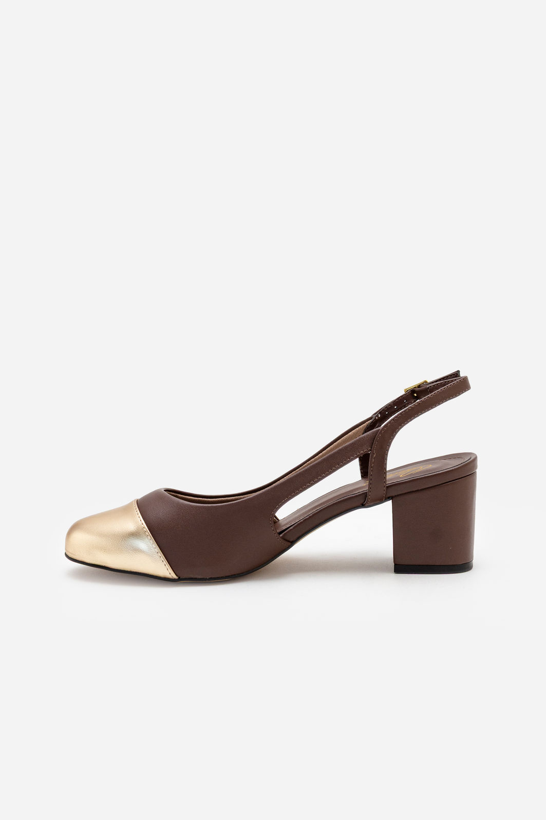 Slingback com Biqueira Ouro e Salto Bloco Marrom Slingback com Biqueira Ouro e Salto Bloco Marrom