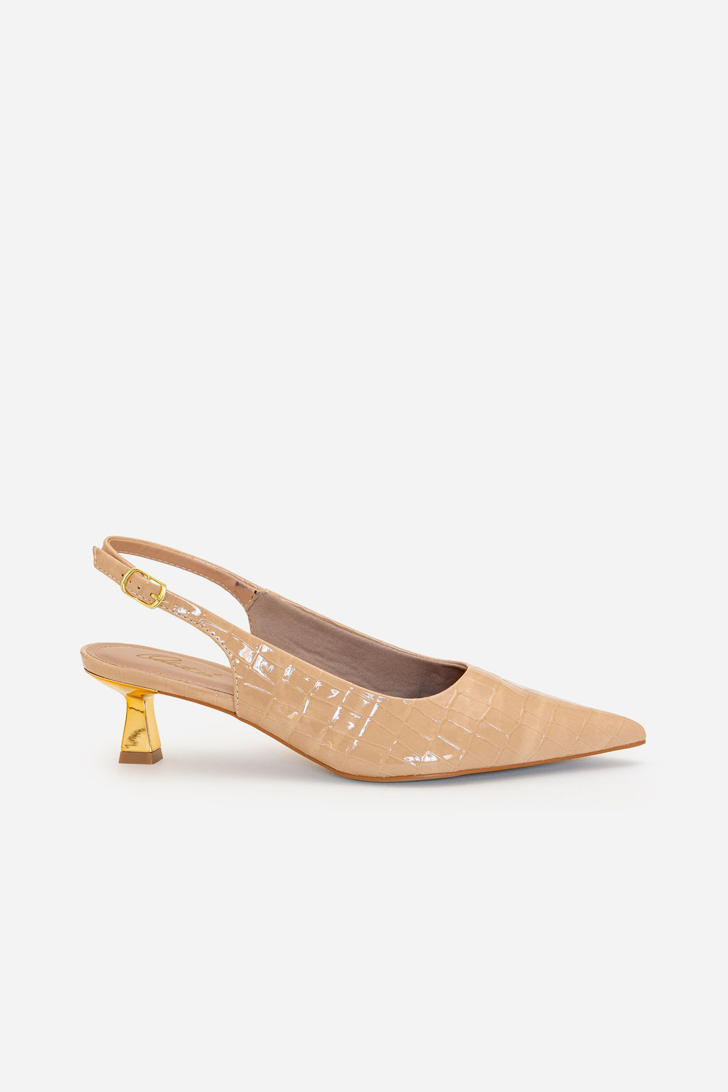 Slingback em Croco com Salto Cromado Amêndoa Slingback em Croco com Salto Cromado Amêndoa