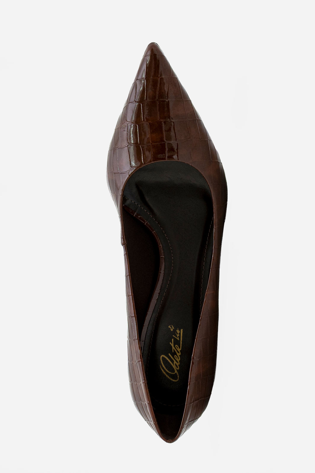 Scarpin em Croco Verniz com Salto Cromado Marrom Scarpin em Croco Verniz com Salto Cromado Marrom