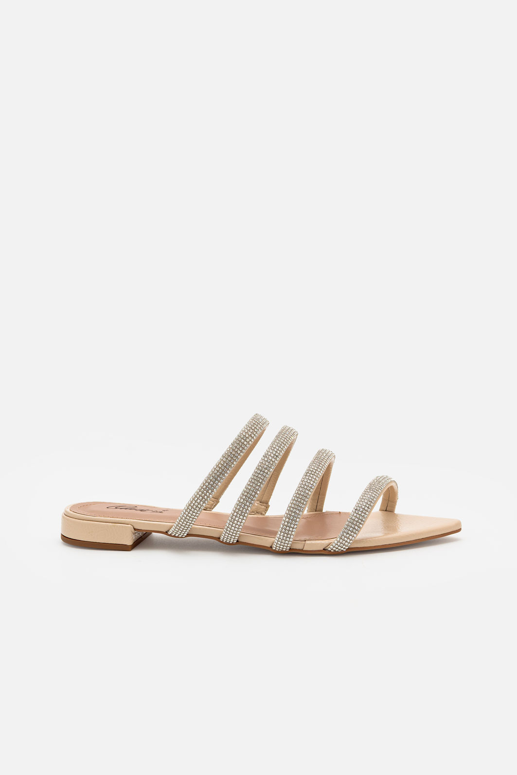 Rasteira Elegante com Tiras Brilhantes e Bico Folha Amêndoa Rasteira Elegante com Tiras Brilhantes e Bico Folha Amêndoa