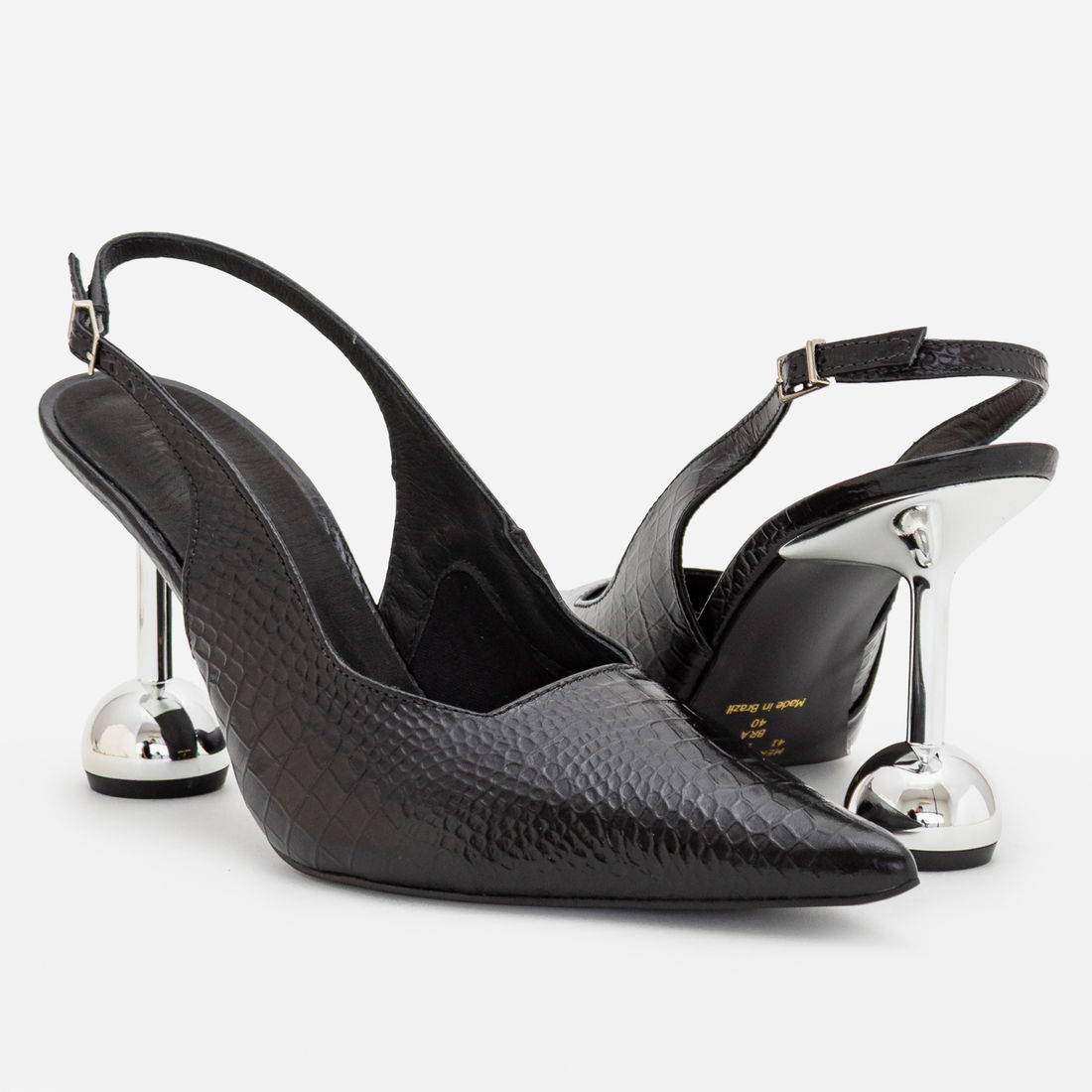Slingback em Couro com Salto Cromado Preto Slingback em Couro com Salto Cromado Preto