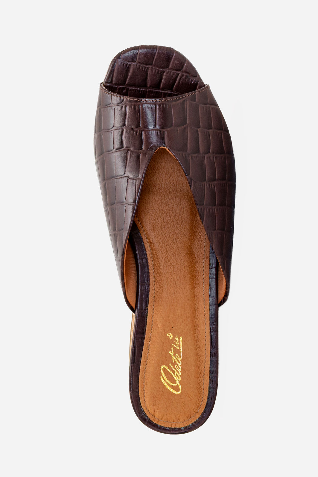Mule em Croco com Salto Anabela Cortiça Marrom Mule em Croco com Salto Anabela Cortiça Marrom