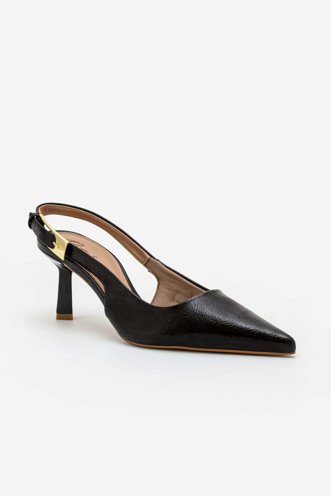 Slingback em Verniz com Fivela e Salto Geométrico Preto Slingback em Verniz com Fivela e Salto Geométrico Preto