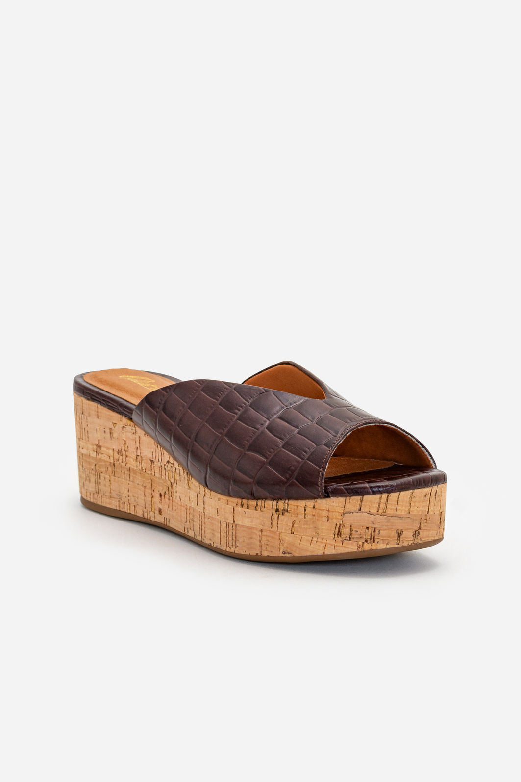 Mule em Croco com Salto Anabela Cortiça Marrom Mule em Croco com Salto Anabela Cortiça Marrom