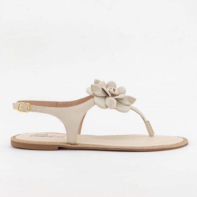 Rasteira Delicada com Flor em Couro Off White