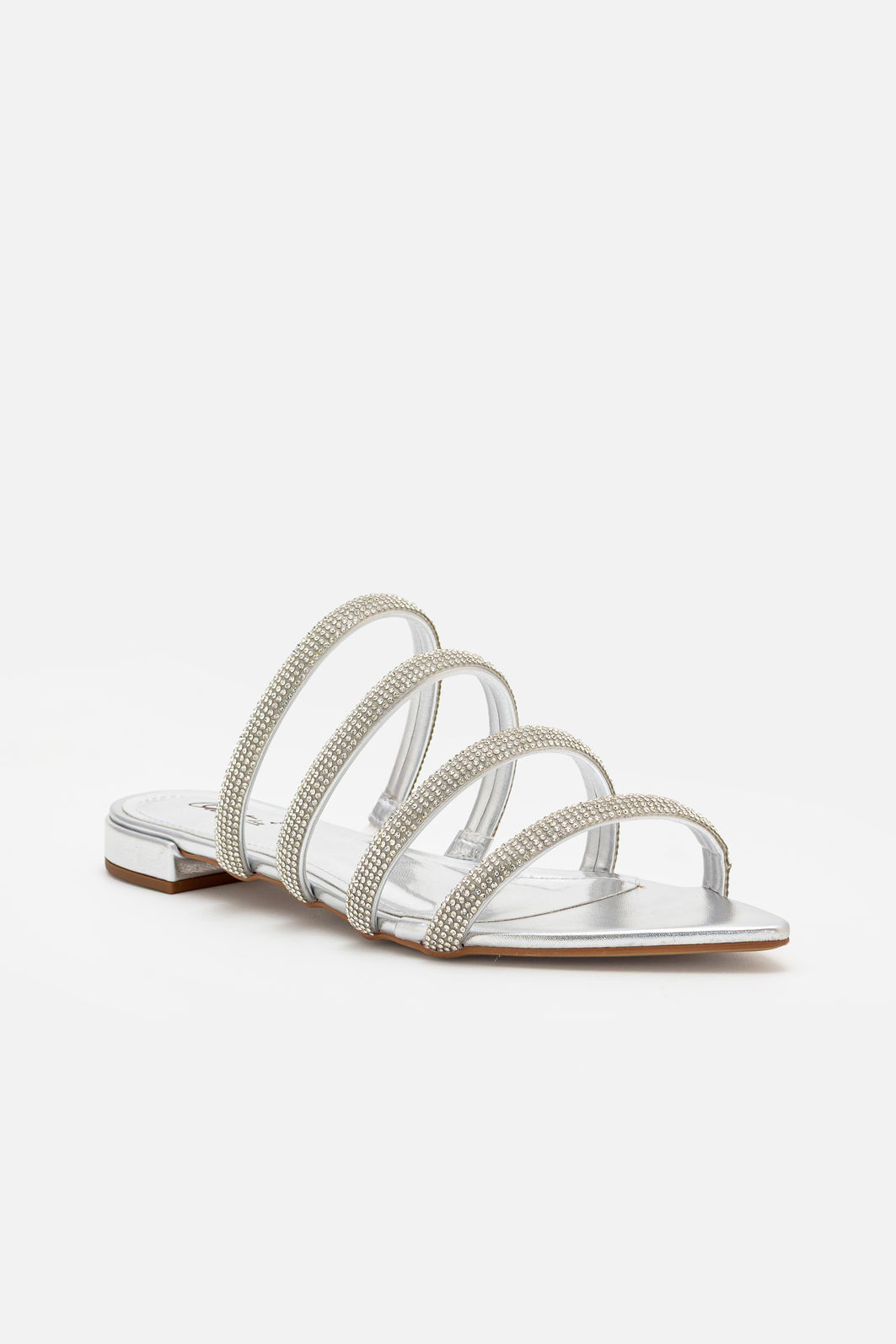 Rasteira Elegante com Tiras Brilhantes e Bico Folha Prata Rasteira Elegante com Tiras Brilhantes e Bico Folha Prata