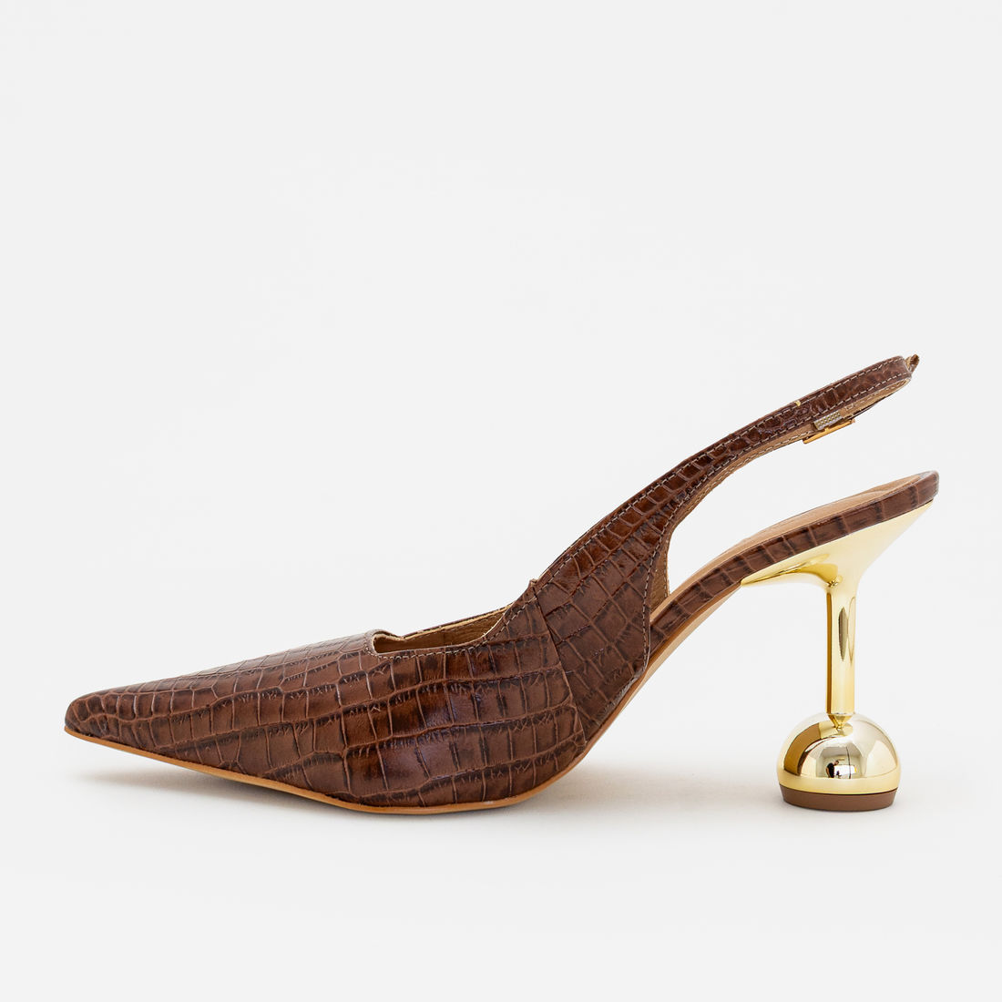 Slingback em Couro com Salto Cromado Marrom Slingback em Couro com Salto Cromado Marrom