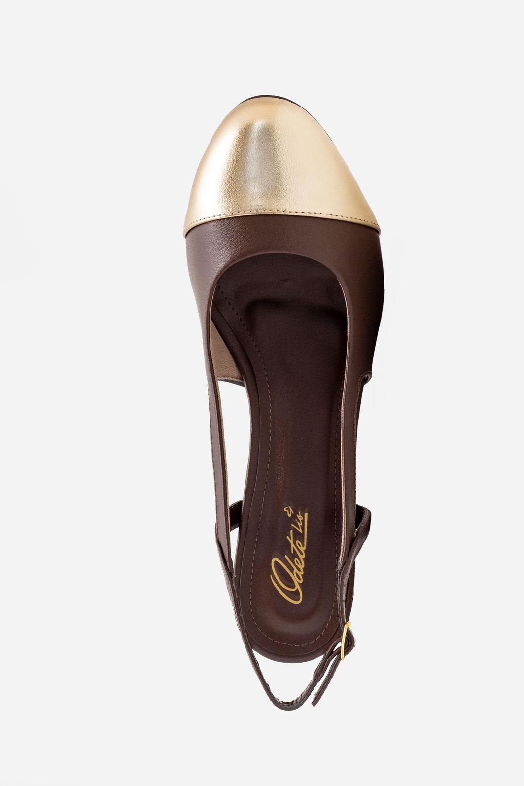 Slingback com Biqueira Ouro e Salto Bloco Marrom Slingback com Biqueira Ouro e Salto Bloco Marrom