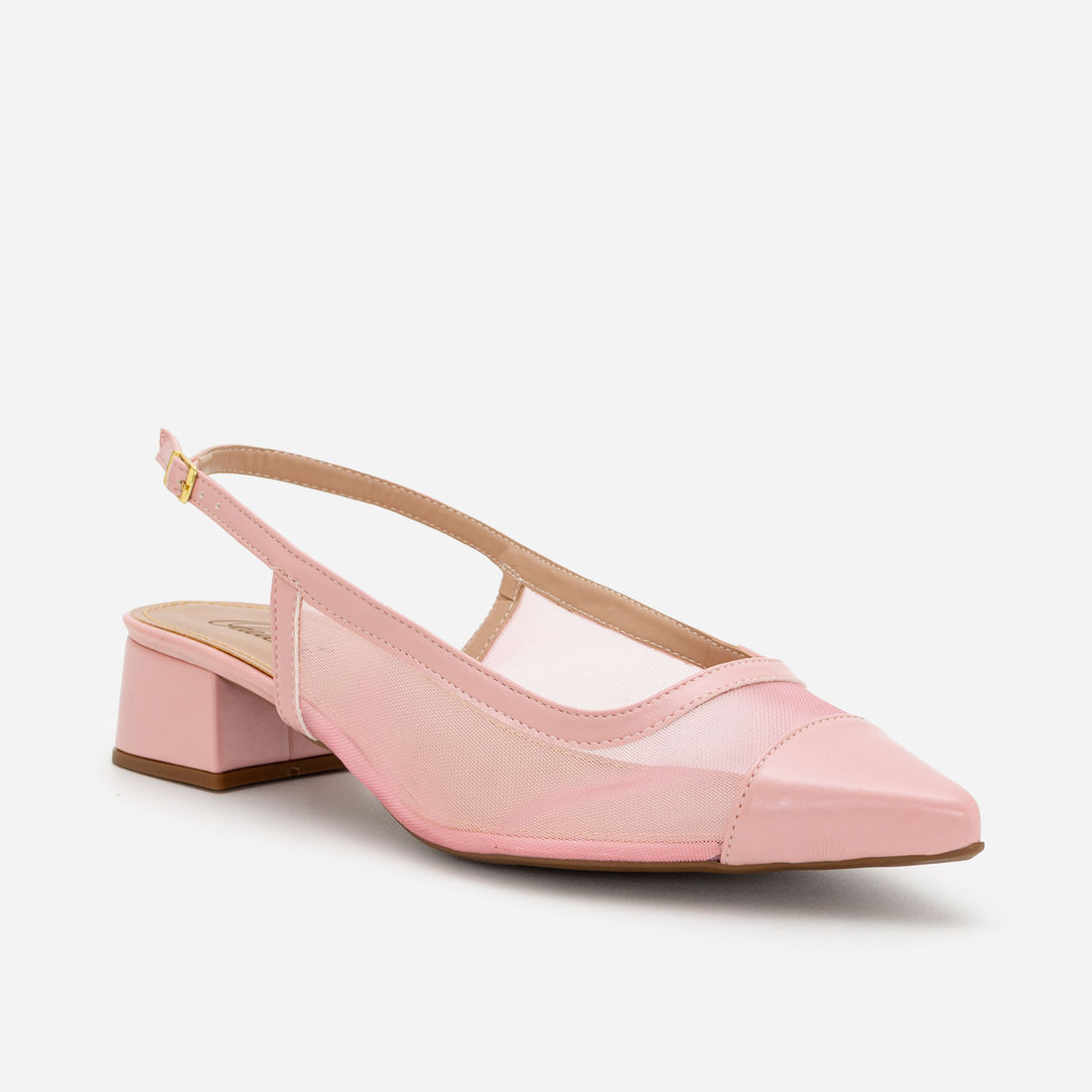 Slingback em Tela com Salto Baixo Rosa Claro Slingback em Tela com Salto Baixo Rosa Claro