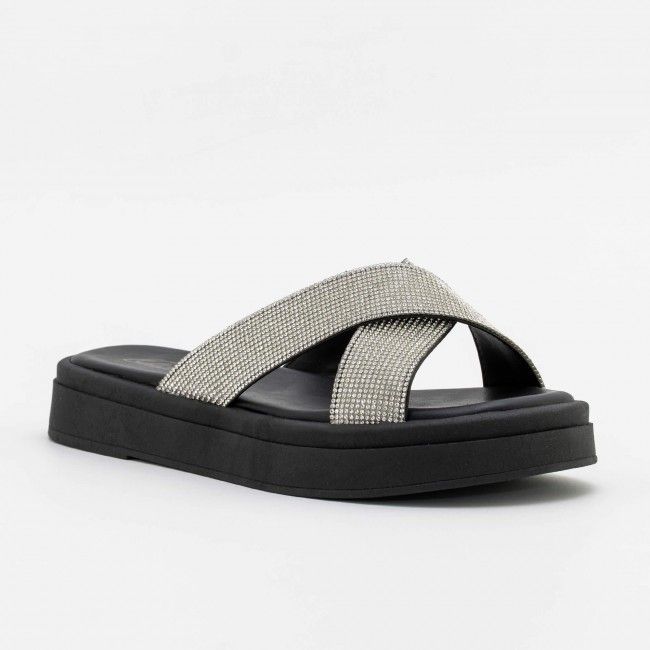 Mule Flatform Tiras Cruzadas com Strass Preto Mule Flatform Tiras Cruzadas com Strass Preto