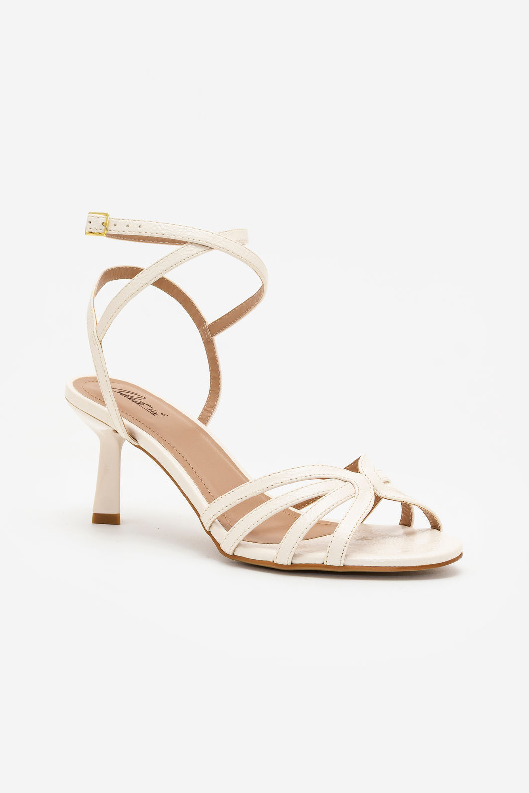 Sandália em Tiras Finas com Tornozeleira Salto Médio Off White