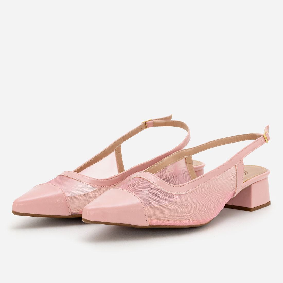 Slingback em Tela com Salto Baixo Rosa Claro Slingback em Tela com Salto Baixo Rosa Claro