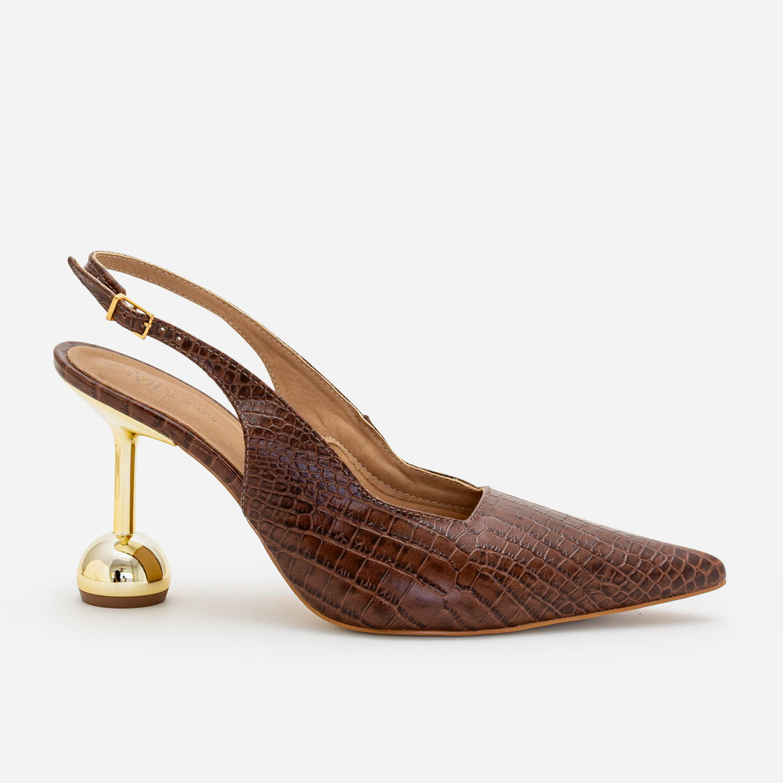 Slingback em Couro com Salto Cromado Marrom Slingback em Couro com Salto Cromado Marrom