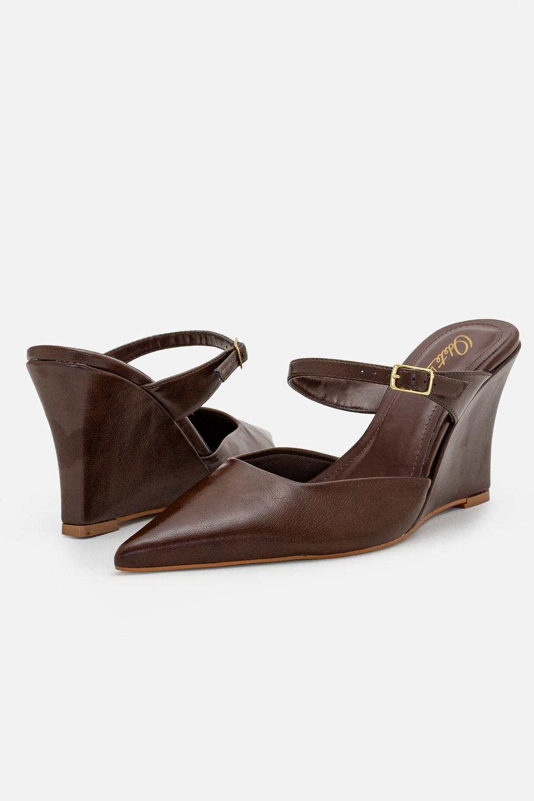 Mule de Bico Fino com Salto Anabela Moderno Marrom Mule de Bico Fino com Salto Anabela Moderno Marrom
