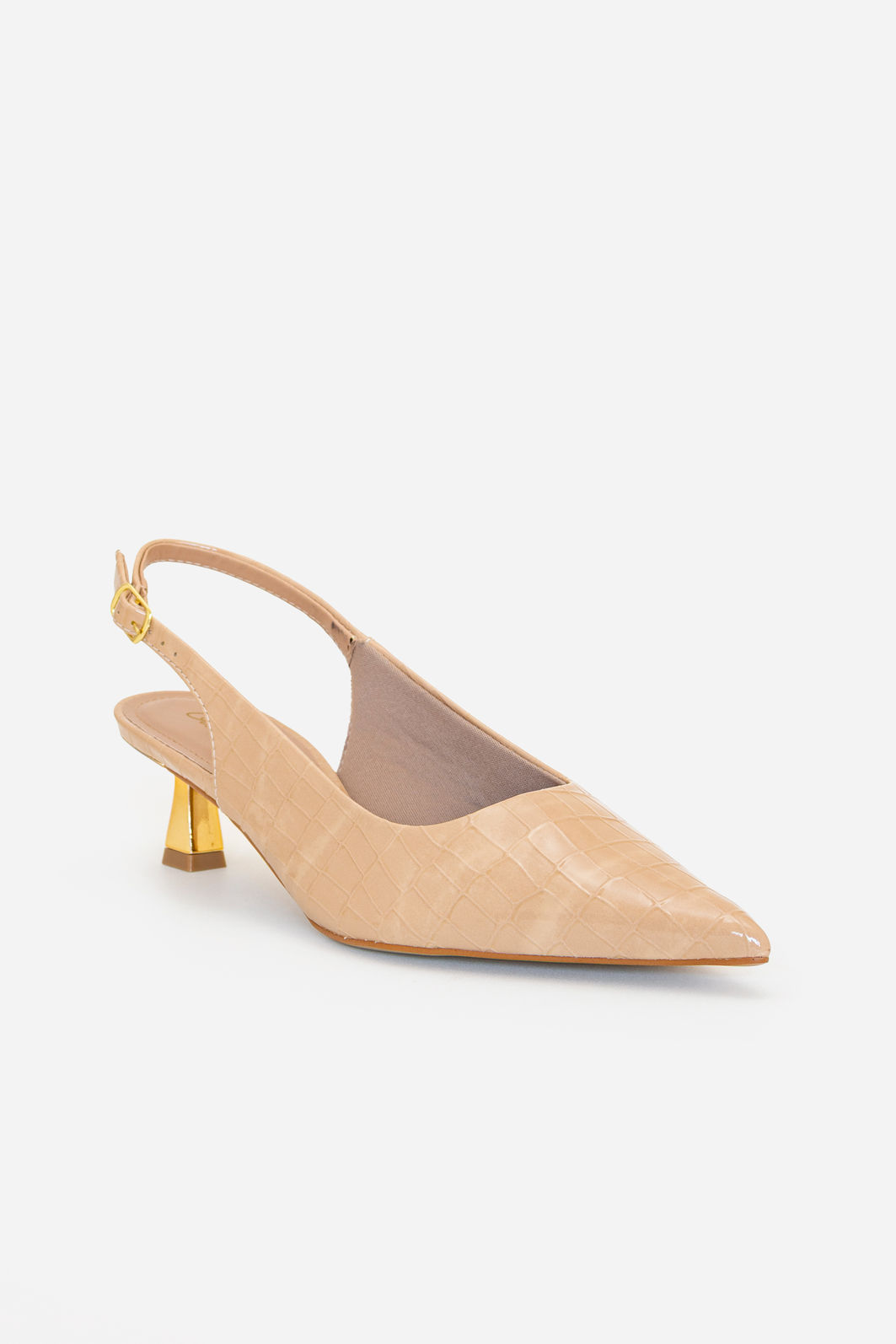Slingback em Croco com Salto Cromado Amêndoa Slingback em Croco com Salto Cromado Amêndoa
