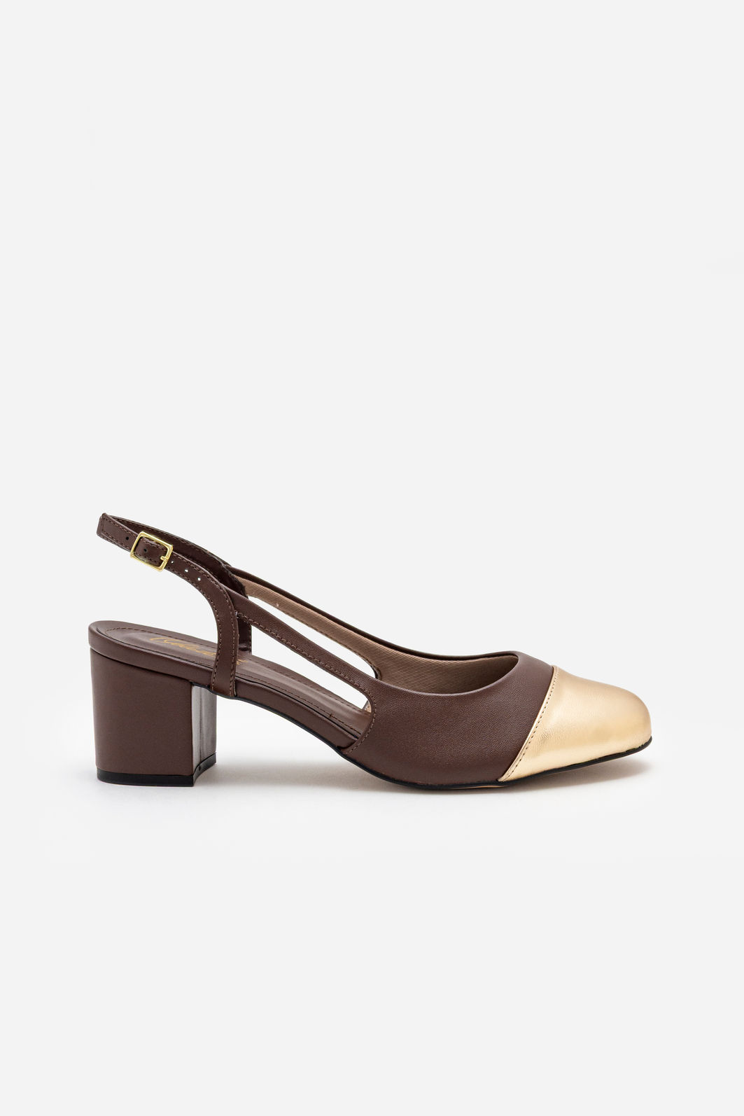 Slingback com Biqueira Ouro e Salto Bloco Marrom Slingback com Biqueira Ouro e Salto Bloco Marrom