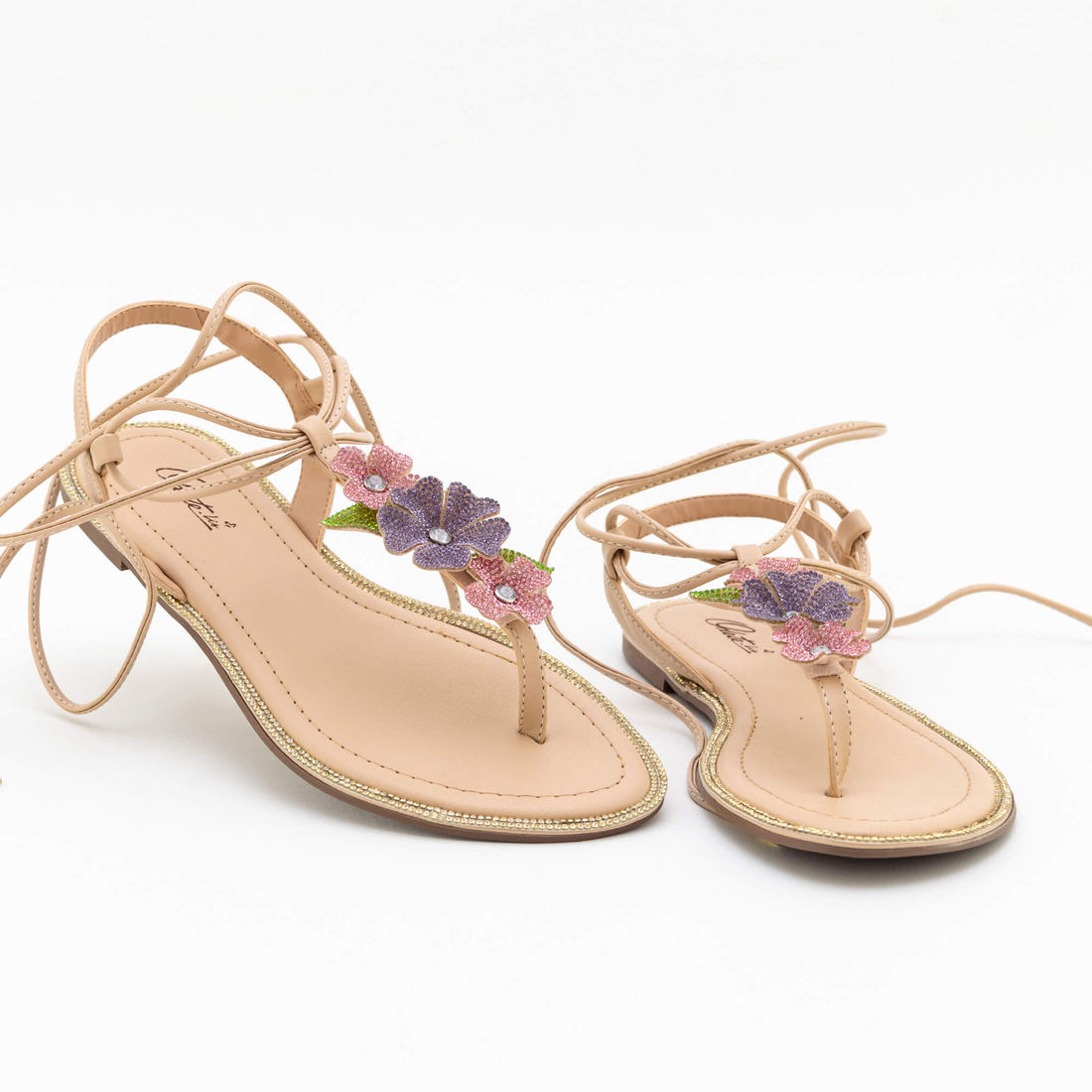 Rasteira Flores com Strass Amêndoa Rasteira Flores com Strass Amêndoa