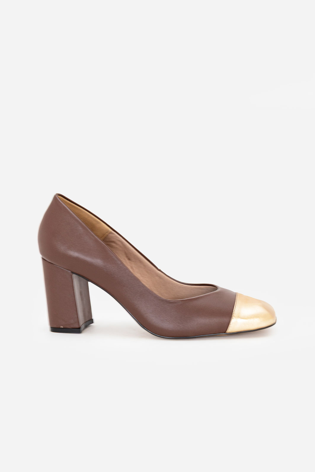 Scarpin com Bico Quadrado Ouro e Salto Blocão Marrom Scarpin com Bico Quadrado Ouro e Salto Blocão Marrom