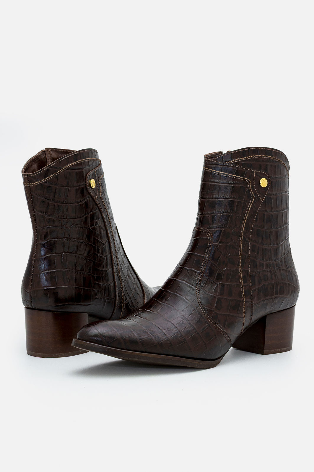 Bota em Couro Croco Elegante com Salto Bloco Café Bota em Couro Croco Elegante com Salto Bloco Café