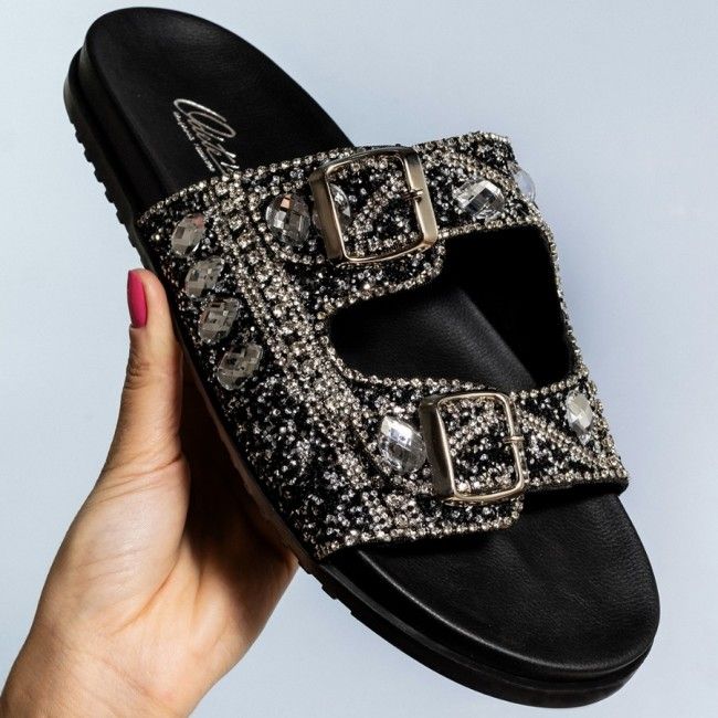 Papete Prática com Fivelas e Cristais Preta Papete Prática com Fivelas e Cristais Preta