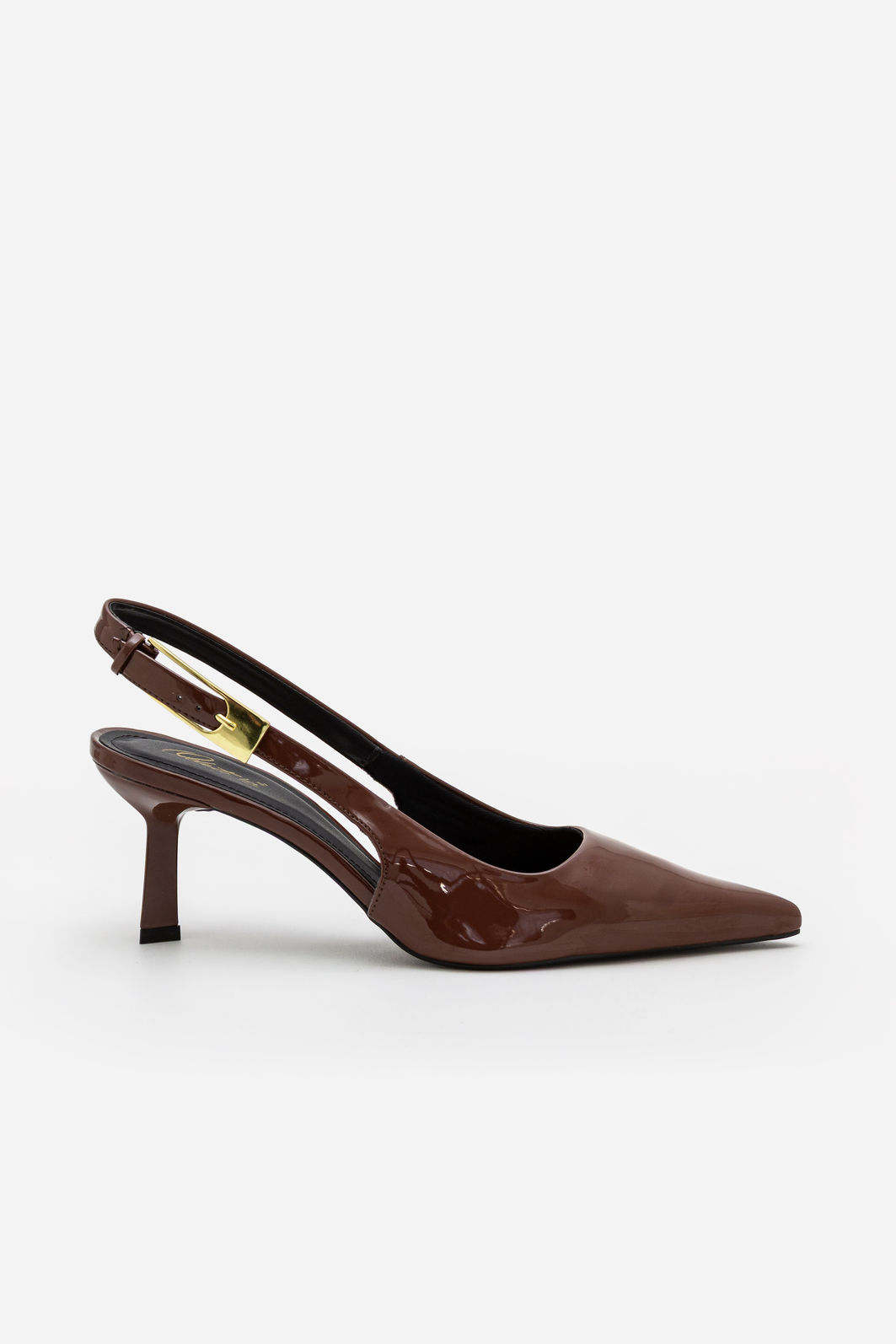 Slingback em Verniz com Fivela e Salto Geométrico Café Slingback em Verniz com Fivela e Salto Geométrico Café