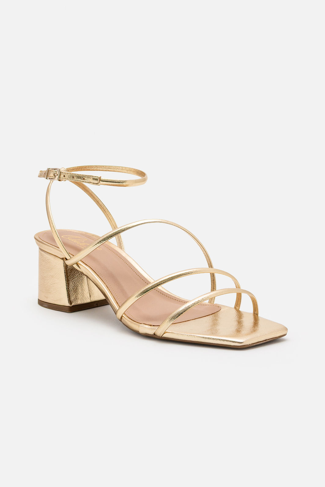 Sandália com Tiras Delicadas e Salto Bloco Champagne Sandália com Tiras Delicadas e Salto Bloco Champagne