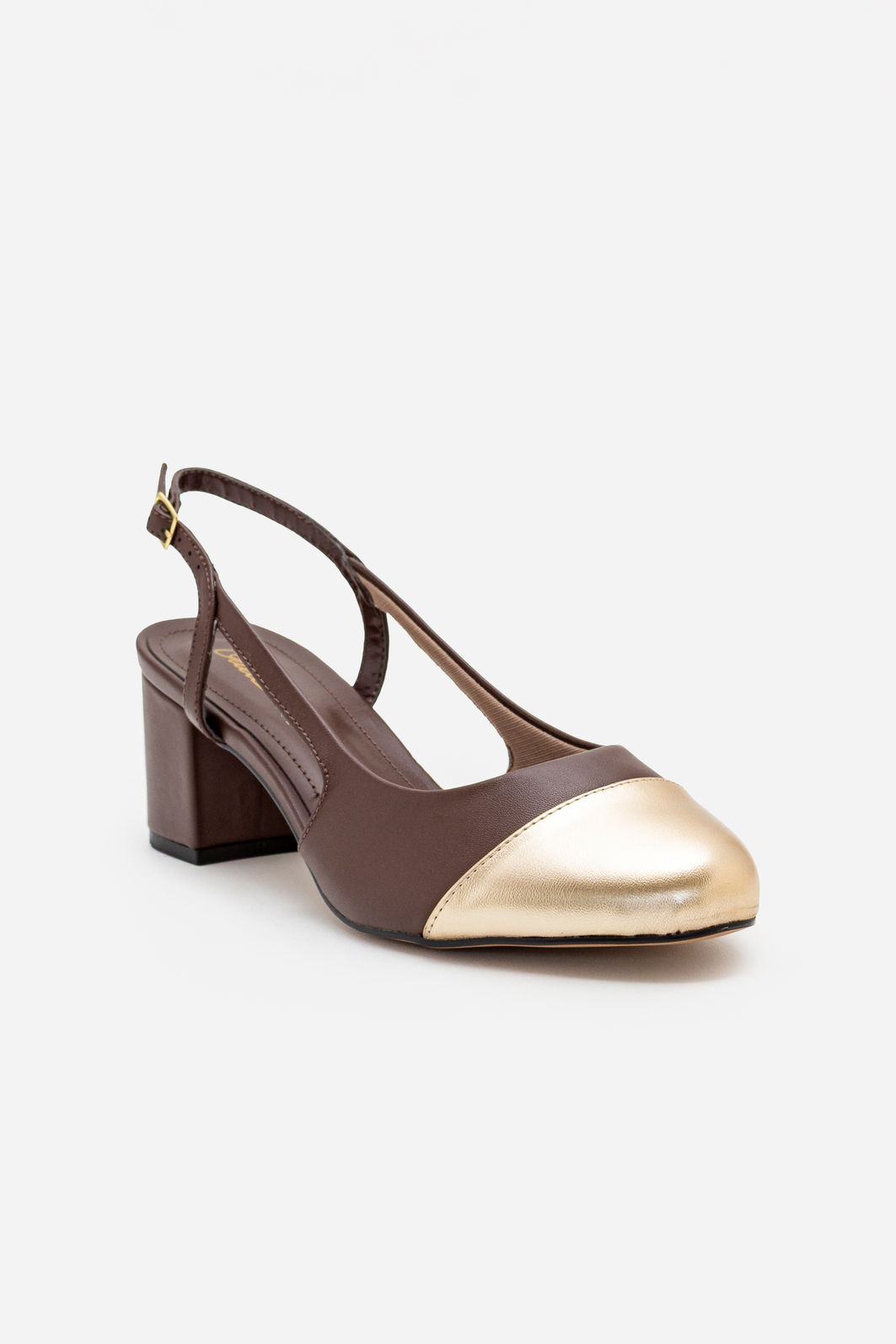Slingback com Biqueira Ouro e Salto Bloco Marrom Slingback com Biqueira Ouro e Salto Bloco Marrom