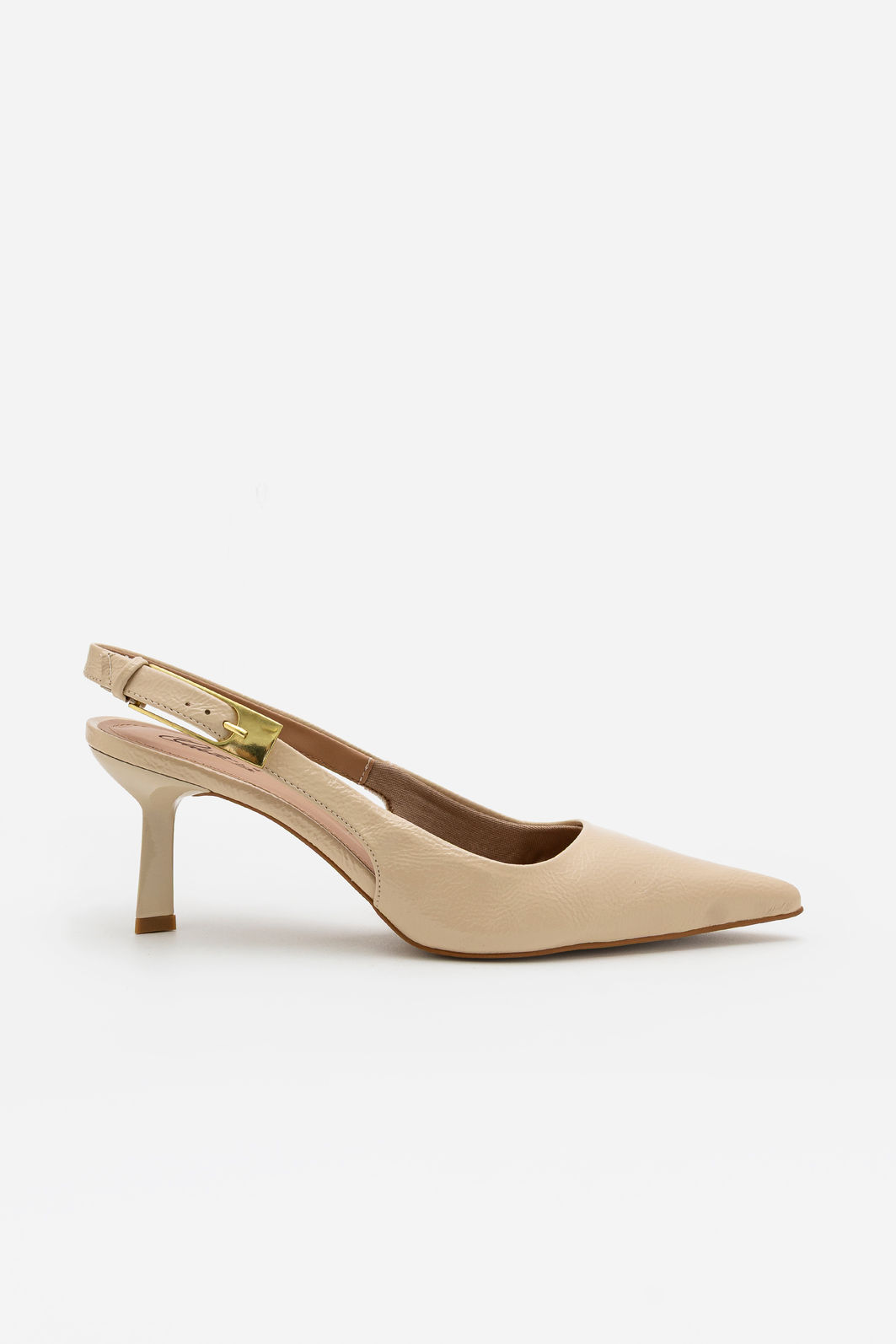 Slingback em Verniz com Fivela e Salto Geométrico Amêndoa Slingback em Verniz com Fivela e Salto Geométrico Amêndoa