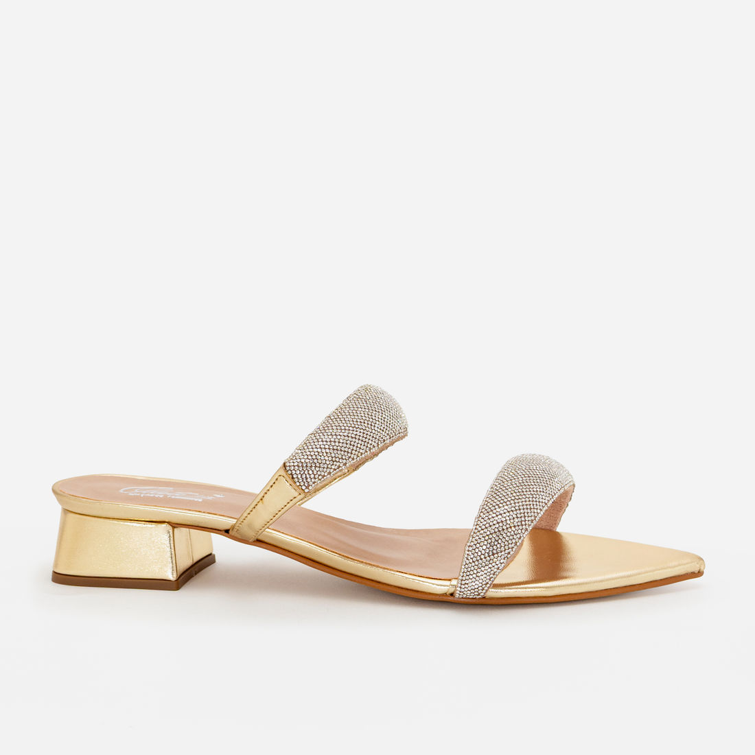 Mule com Tiras de Brilho e Salto Baixo Champagne Mule com Tiras de Brilho e Salto Baixo Champagne