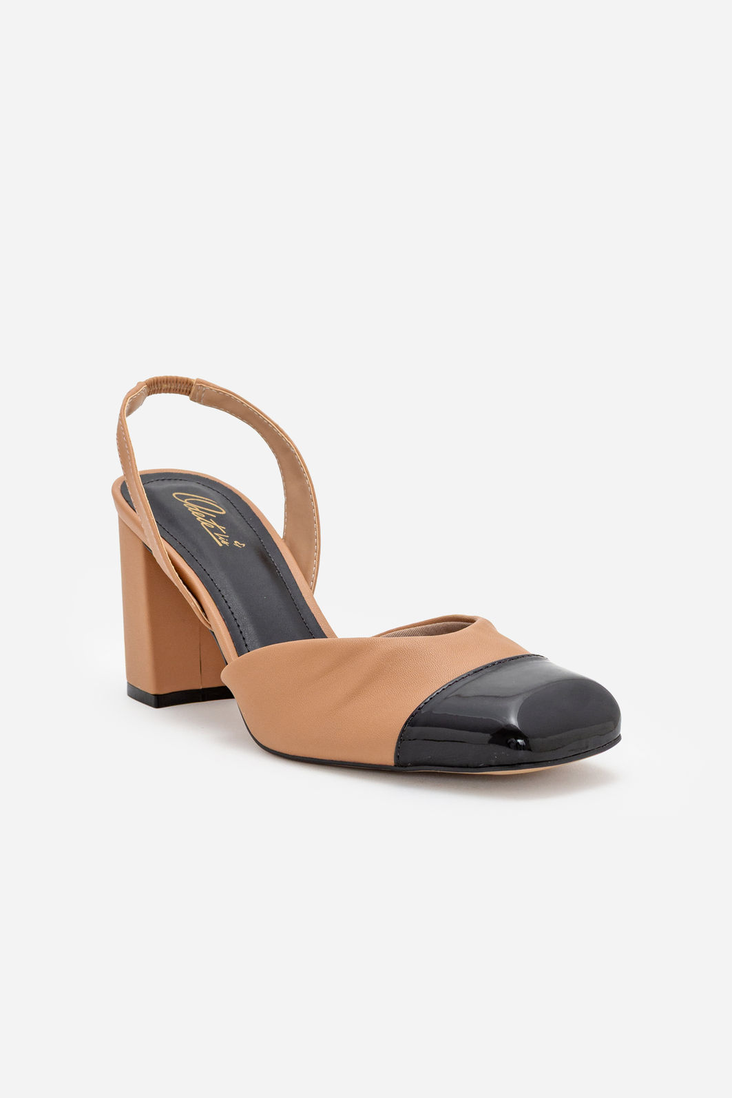 Slingback com Bico Quadrado Preto e Salto Blocão Amêndoa Slingback com Bico Quadrado Preto e Salto Blocão Amêndoa