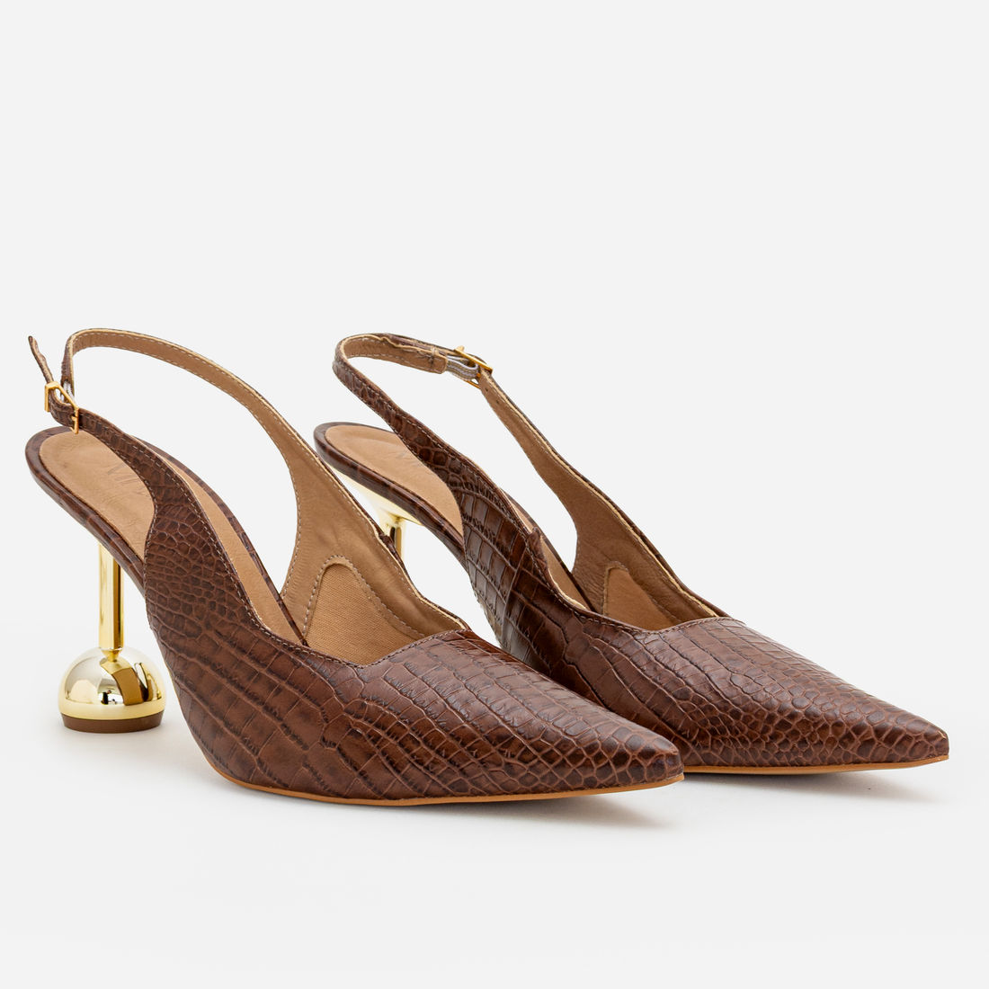 Slingback em Couro com Salto Cromado Marrom Slingback em Couro com Salto Cromado Marrom