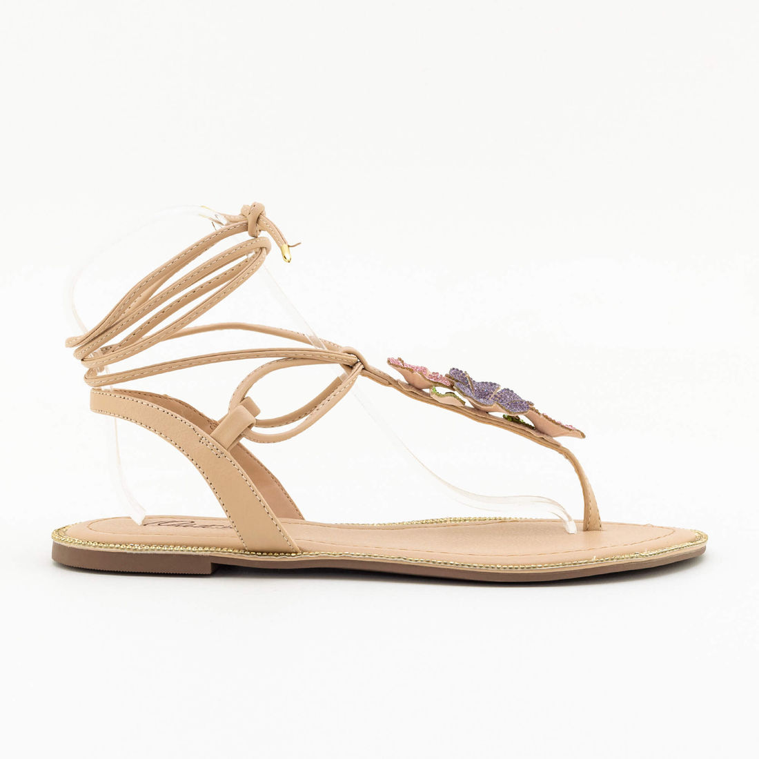 Rasteira Flores com Strass Amêndoa Rasteira Flores com Strass Amêndoa