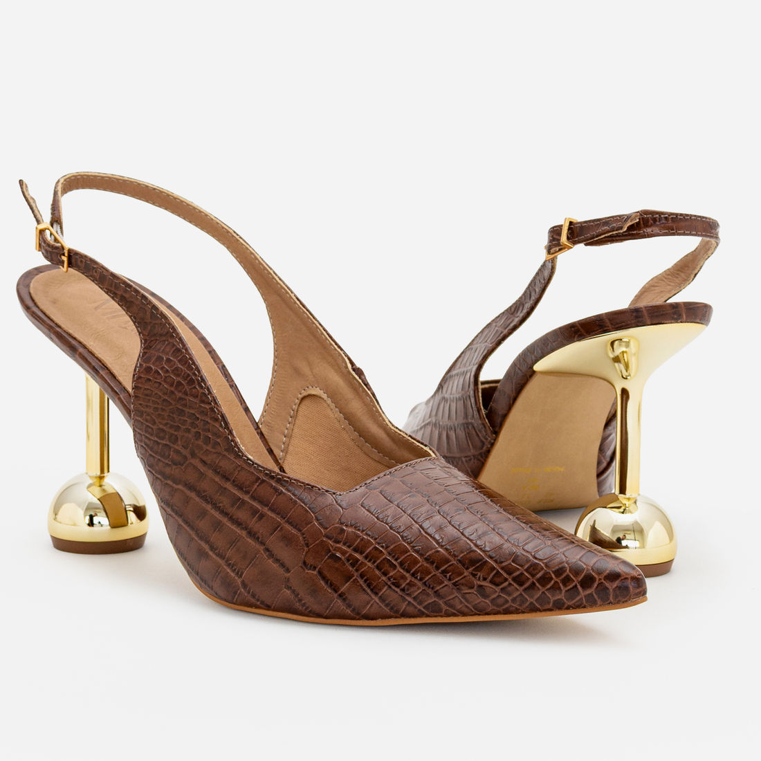Slingback em Couro com Salto Cromado Marrom Slingback em Couro com Salto Cromado Marrom