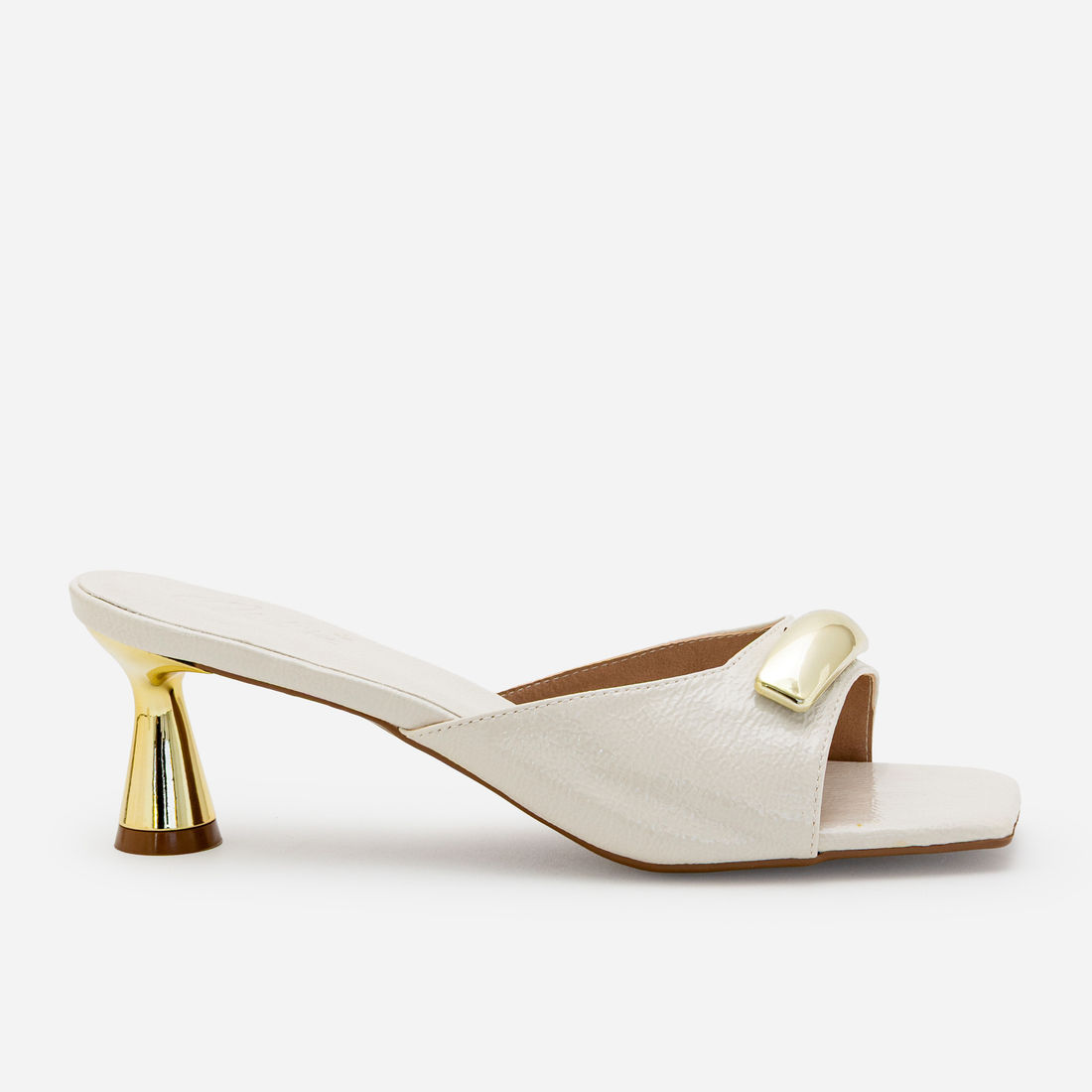 Mule com Enfeite e Salto Cromado Off White Mule com Enfeite e Salto Cromado Off White
