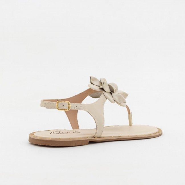 Rasteira Delicada com Flor em Couro Off White