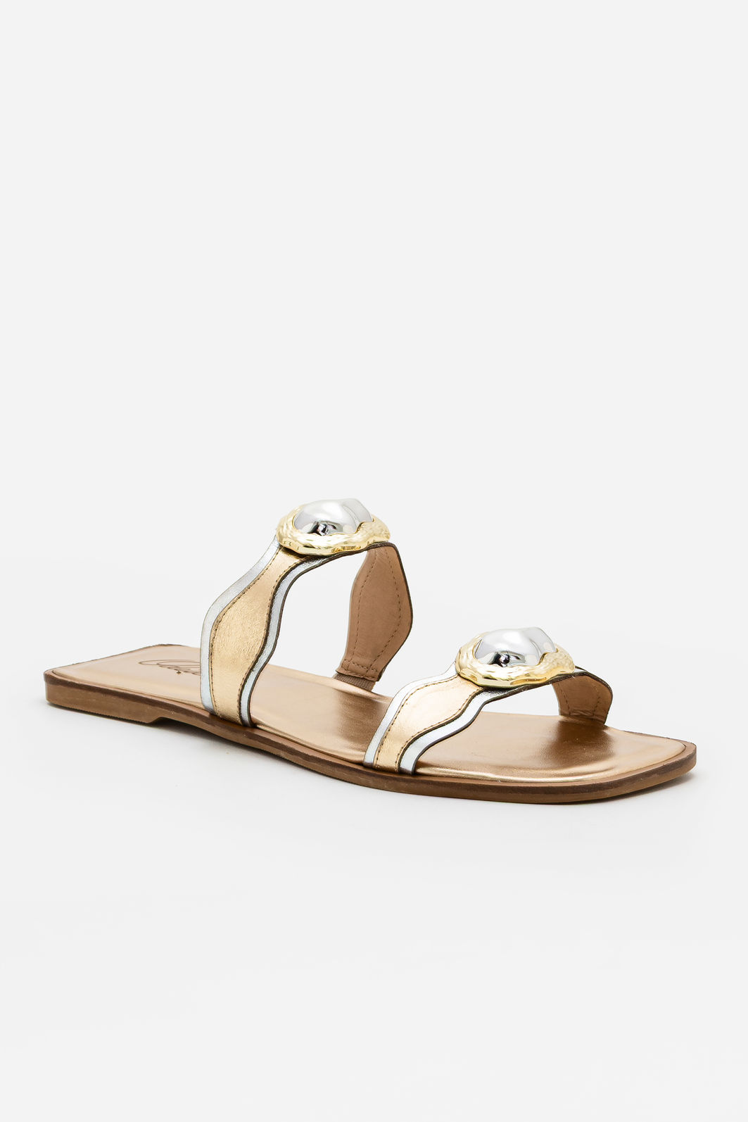 Rasteira em Couro com Tiras e Metal Orgânico Champagne